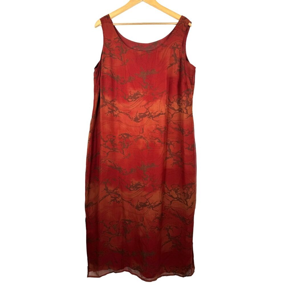 VTG Tess 100% Silk Shift Dress in Fall abstract sheer maxi sz‎ 14W